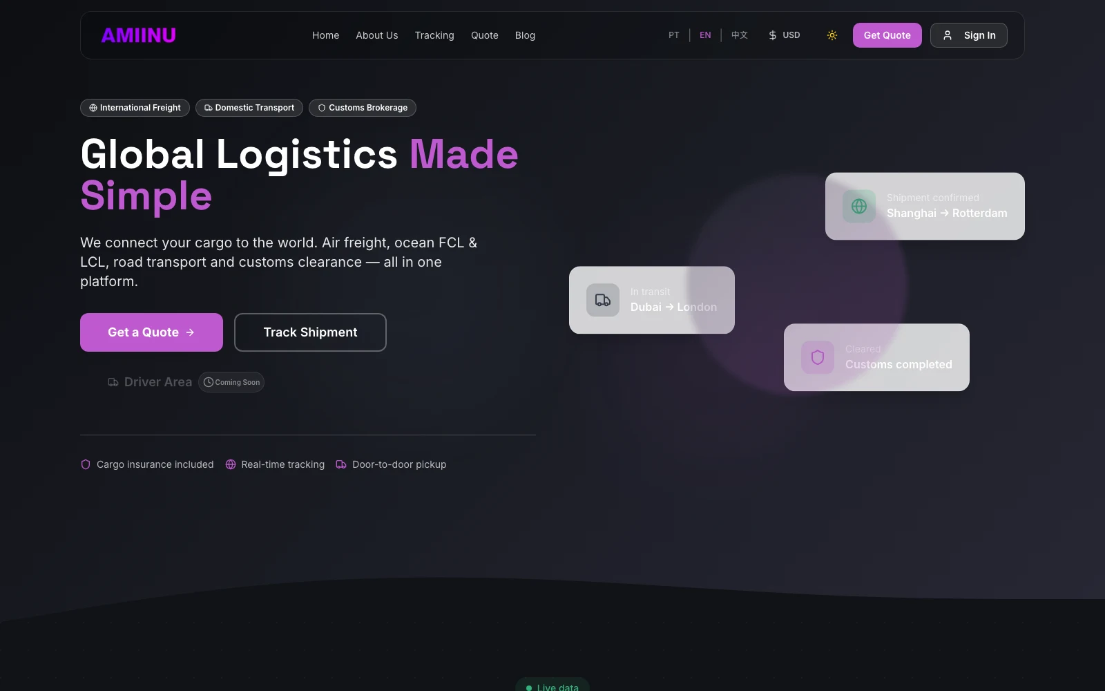 Amiinu global logistics platform showing freight services, shipment tracking, and quote actions