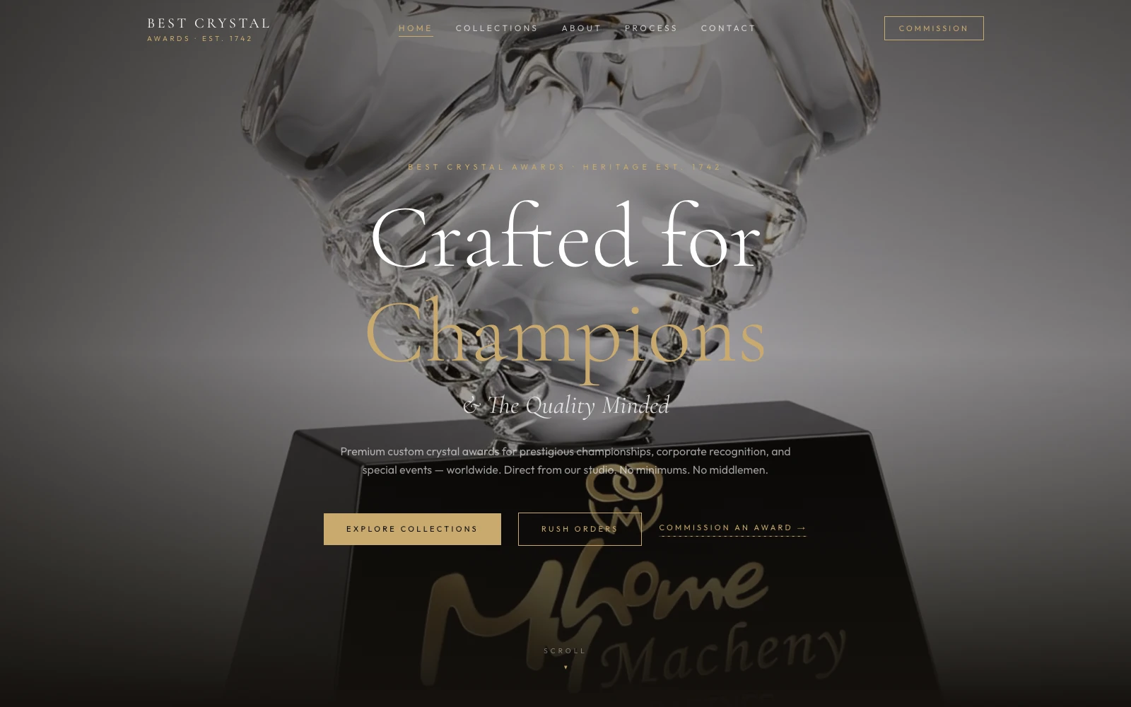 Best Crystal Awards luxury homepage featuring a custom crystal trophy and commission actions