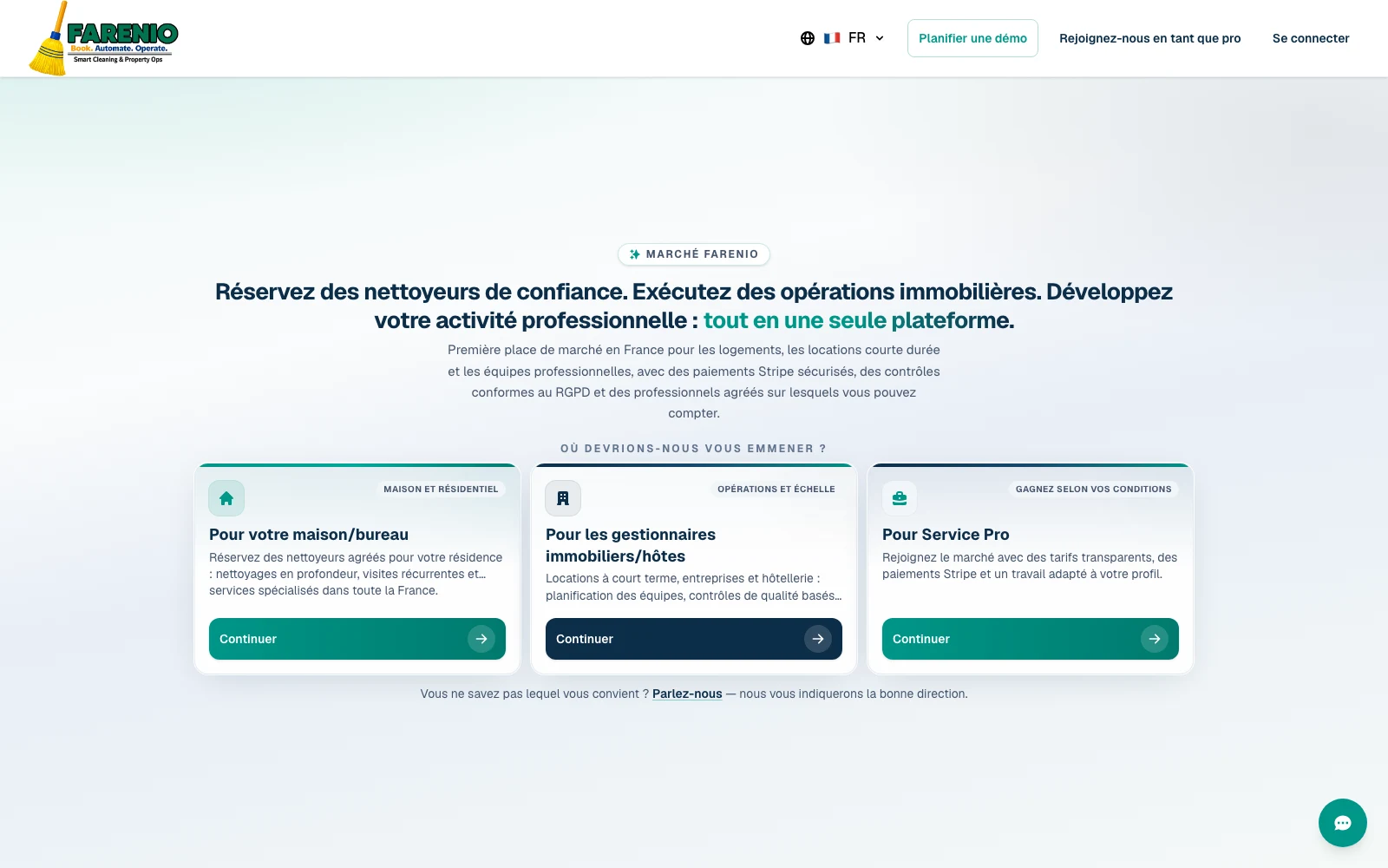 Farenio cleaning marketplace connecting residential customers, property operators, and service professionals