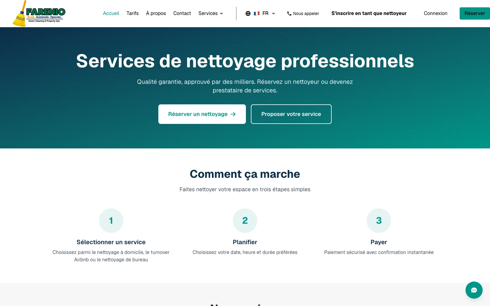 Farenio residential cleaning booking and three-step workflow
