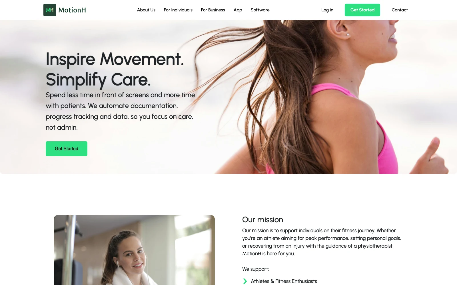 MotionH health and rehabilitation platform homepage for athletes, patients, and physiotherapists