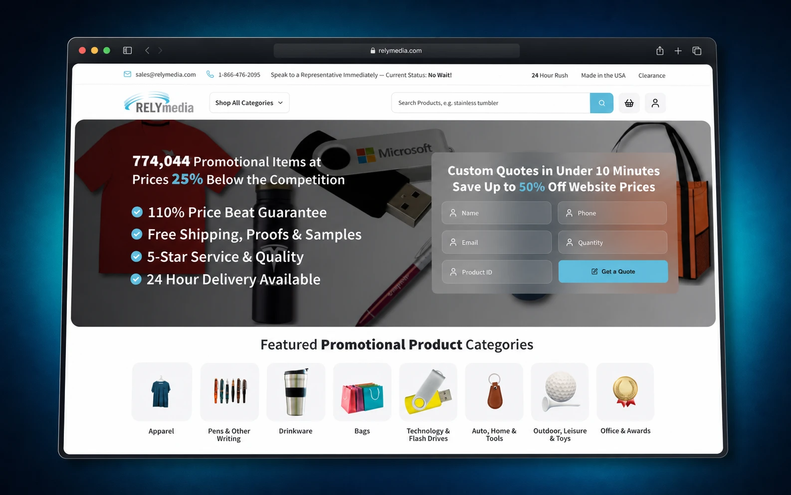 RelyMedia promotional products storefront with product search and a custom quote experience