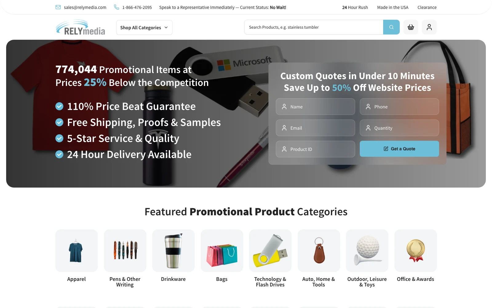 RelyMedia storefront, product search, and custom quote interface