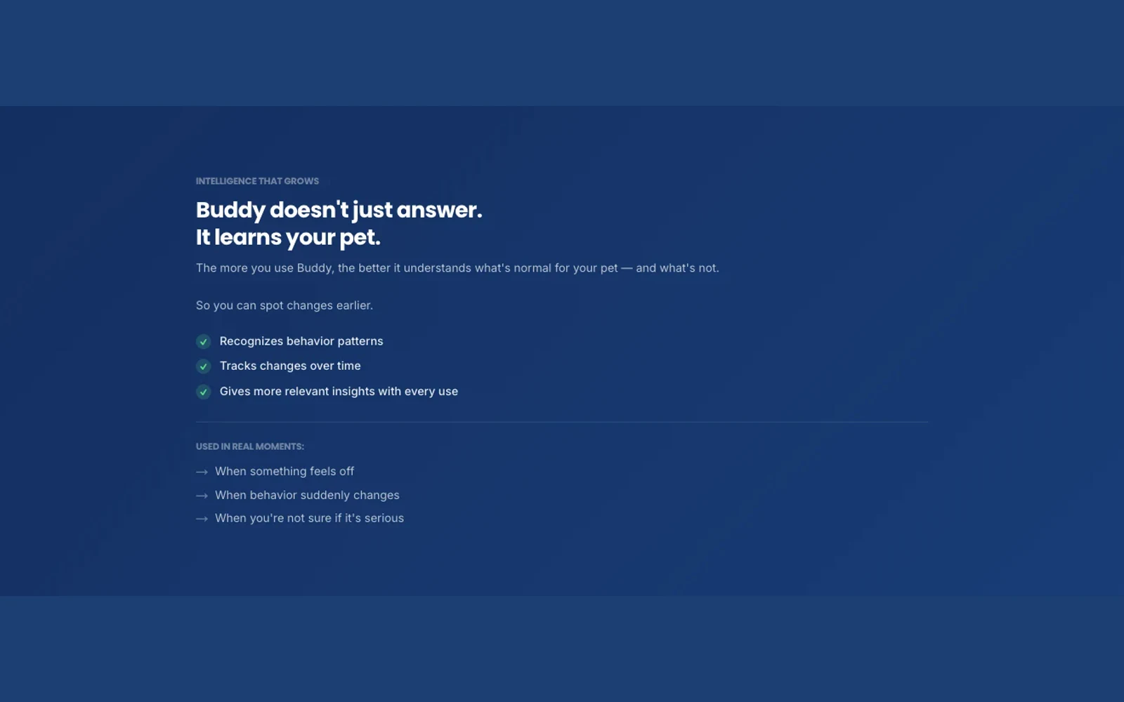 TellMeBuddy AI pet companion landing page with an interactive pet wellbeing chat experience