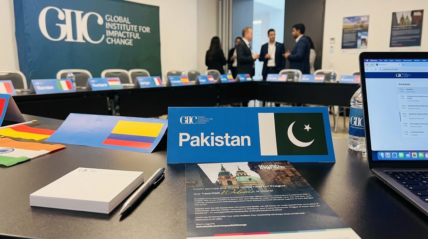 Pakistan nameplate and welcome materials from Youth Impact Conference 2026 in Prague